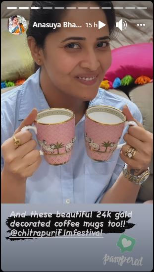 Anasuya Bharadwaj about gold coffee cup