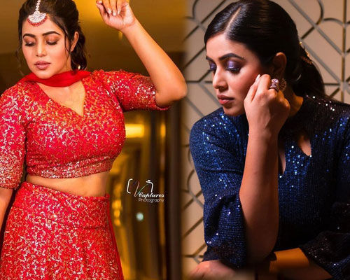 Poorna Stuns in Shiny Red and Blue Dress